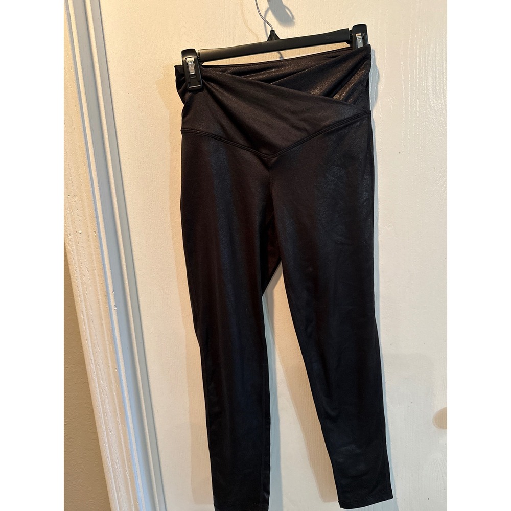 Jenni Womens Black Metallic Crossover Waistband Leggings Size‎ S Faux Leather